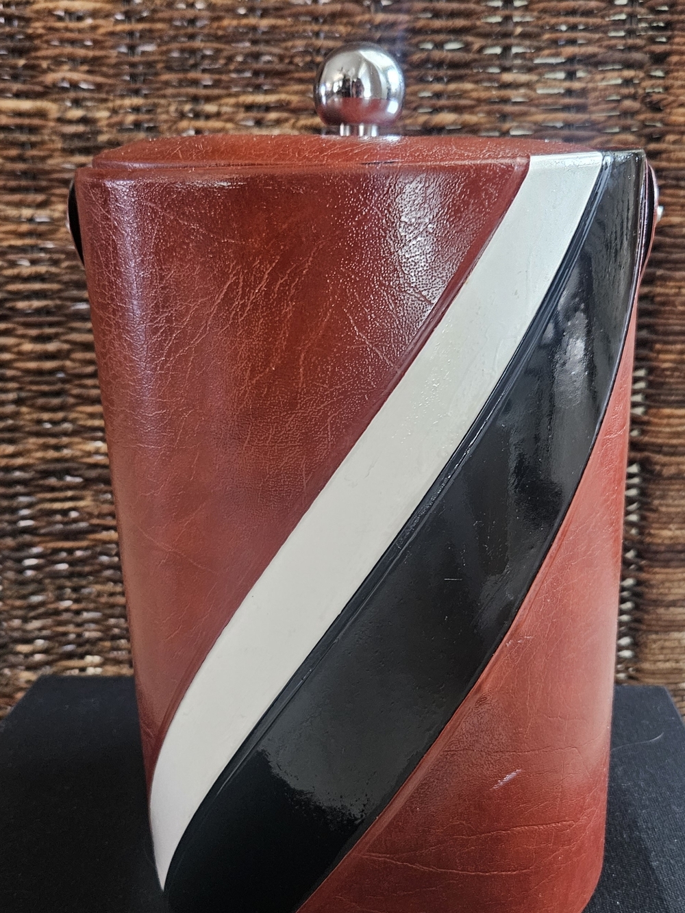 Mid Century Ice Bucket with Black and White Diagonal Stripe